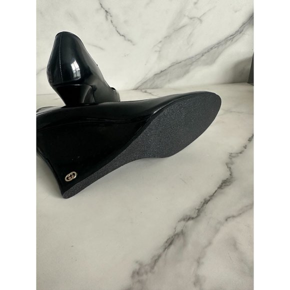 GUCCI Black Patent Leather Peeptoe Wedges Size 37.5/7.5 - Picture 4 of 7